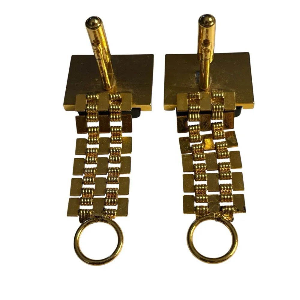 Vintage Cufflinks Black Lucite Wrap‎ Around Gold Tone Watch Band Style Chain
